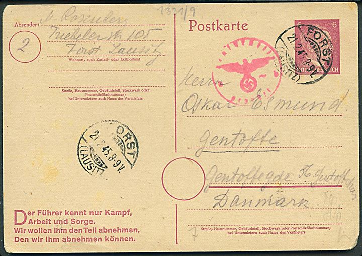 6 pfg. Hitler helsagsbrevkort med Führer-citat fra Forst d. 21.2.1945 til Gentofte, Danmark. Tysk censur fra Berlin.