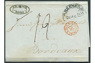 1851. Portobrev fra Bremen med Thurn u. Taxis stempel Bremen F. TH. u. TAX. O.P.A. d. 28.12.1851 til Bordeaux, Frankrig. Rødt fransk grænsestempel.