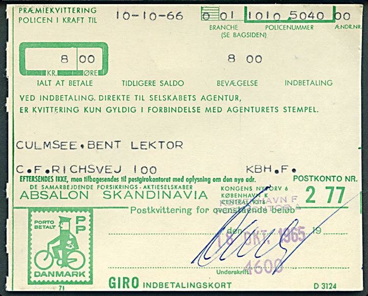 PP Cyklende Postbud giro indbetalingskort med trodatstempel med sorteringskode København F Postkontor 4600 d. 18.10.1965.