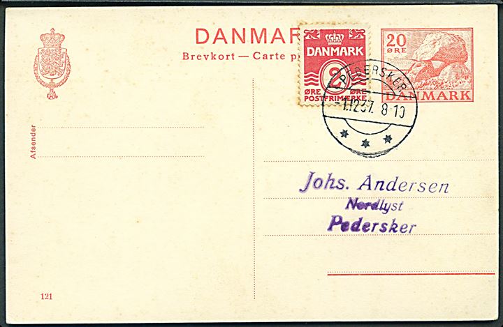 20 øre Kæmpehøj helsagsbrevkort (fabr. 121) opfrankeret med 2 øre Bølgelinie sendt lokalt med brotype IIc Pedersker d. 1.12.1937. Uden meddelelse.
