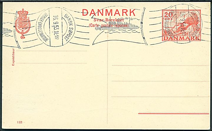 20 øre Kæmpehøj helsagsbrevkort (fabr. 133) annulleret med håndrullestempel Dansk Søpost Gedser-Grossenbrode d. 16.9.1953. Uadresseret med ekstra stempel aftryk på bagsiden.