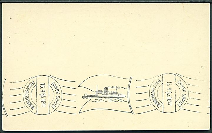 20 øre Kæmpehøj helsagsbrevkort (fabr. 133) annulleret med håndrullestempel Dansk Søpost Gedser-Grossenbrode d. 16.9.1953. Uadresseret med ekstra stempel aftryk på bagsiden.