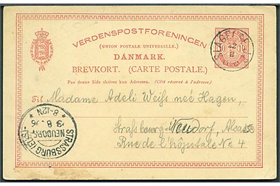 10 øre Våben helsagsbrevkort annulleret med lapidar Slagelse JB. d. 22.8.1896 til Strassburg (Elsass), Tyskland.