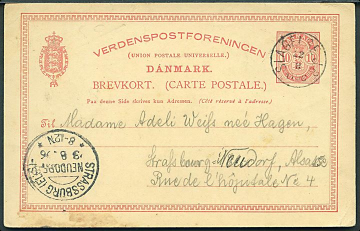 10 øre Våben helsagsbrevkort annulleret med lapidar Slagelse JB. d. 22.8.1896 til Strassburg (Elsass), Tyskland.