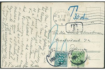 Ufrankeret brevkort (Danske krigergrave fra 1848 i Schleswig) fra Schleswig d. 31.7.1927 til Odense, Danmark. Udtakseret i porto med 10 øre og 20 øre Portomærke stemplet Odense d. 1.8.1927.