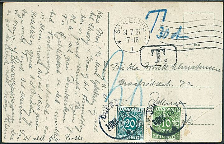 Ufrankeret brevkort (Danske krigergrave fra 1848 i Schleswig) fra Schleswig d. 31.7.1927 til Odense, Danmark. Udtakseret i porto med 10 øre og 20 øre Portomærke stemplet Odense d. 1.8.1927.
