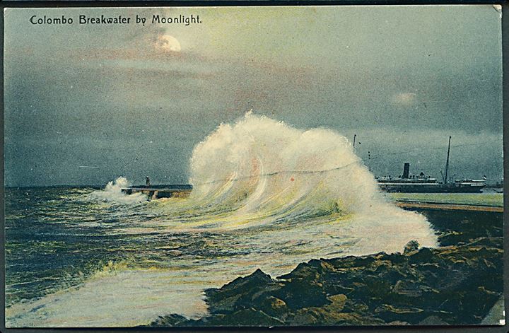 5 øre Fr. VIII på brevkort (Colombo Breakwater by Moonlight) annulleret med bureaustempel Kjøge - Faxe Lp. T. 3 d. 10.9.1911 til Roskilde.