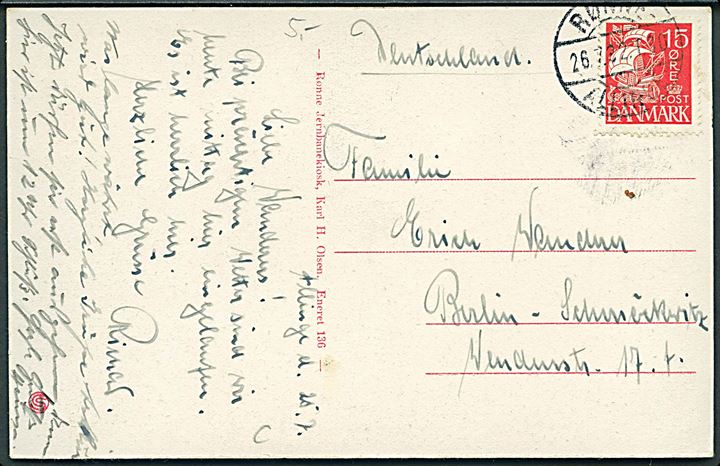 15 øre Karavel på brevkort fra Allinge annulleret med bureaustempel Rønne - Allinge T.30 d. 26.7.1932 til Berlin, Tyskland.