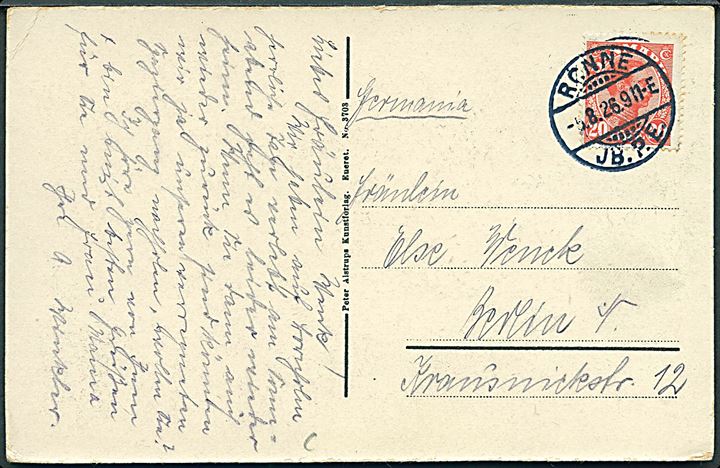 20 øre Chr. X på brevkort annulleret med brotype Ia Rønne JB.P.E. d. 5.8.1926 til Berlin, Tyskland.