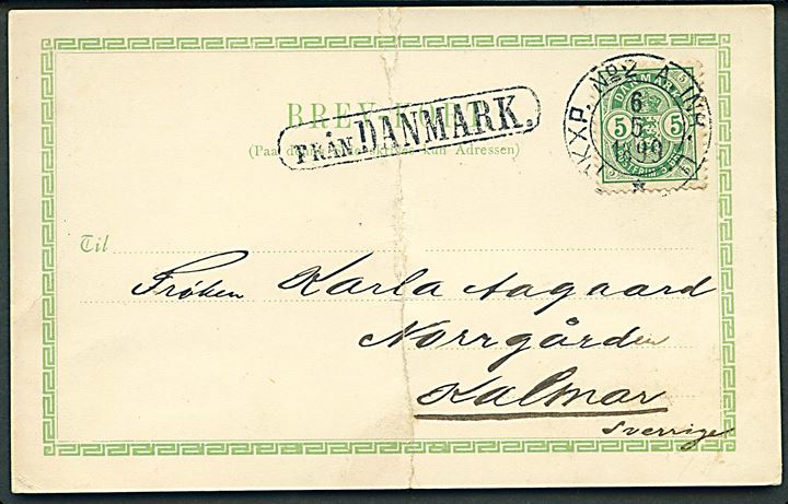 5 øre Våben på brevkort (Frederiksborg Slot) annulleret med svensk bureaustempel PKXP No. 2 A. INR. U. d. 6.5.1899 og sidestemplet Från Danmark til Kalmar, Sverige. Lodret fold.