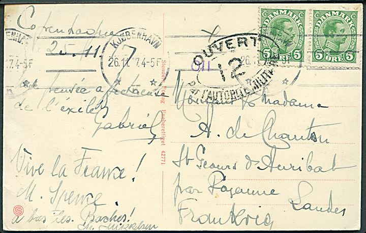 5 øre Chr. X (2) på brevkort (Interiør fra Palmehaven, Hotel d'Angleterre) fra Kjøbenhavn d. 26.11.1917 til Frankrig. Fransk censur no. 12 fra Dieppe.