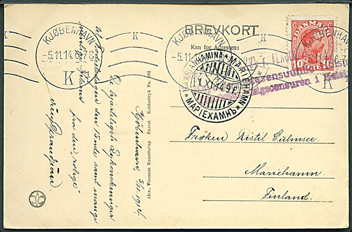 10 øre Chr. X på brevkort fra Kjøbenhavn d. 5.11.1914 til Mariehamn, Åland, Finland. 2-sproget finsk censur fra Helsingfors.