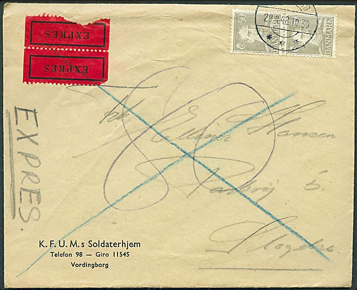 50 øre Chr. X i parstykke på fortrykt kuvert fra K.F.U.M.s Soldaterhjem i Vordingborg d. 29.4.1948 til Slagelse. Udtakseret i 80 øre porto.