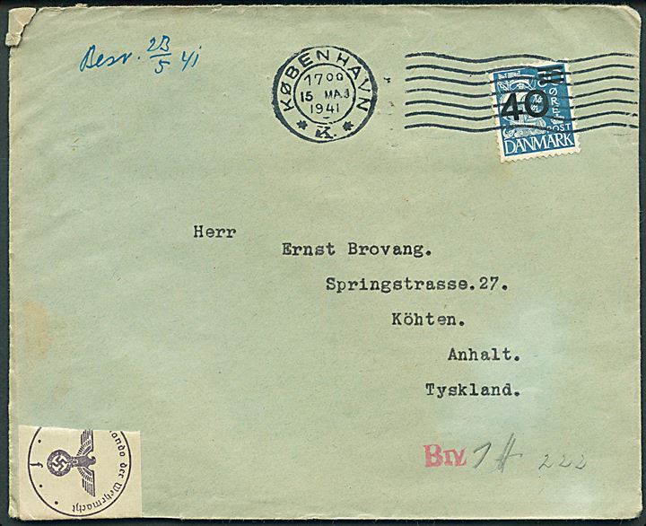 40/30 øre Provisorium single på brev fra København d. 15.5.1941 til Köhten, Tyskland. Åbnet af tysk censur i Hamburg.