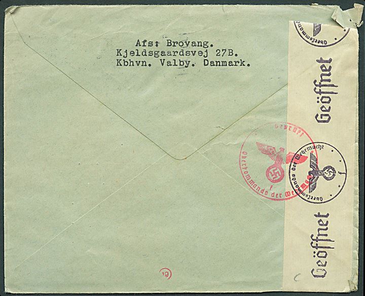 40/30 øre Provisorium single på brev fra København d. 15.5.1941 til Köhten, Tyskland. Åbnet af tysk censur i Hamburg.