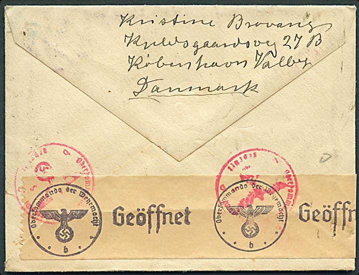 15 øre Karavel og 50 øre Chr. X på luftpostbrev fra København d. 4.3.1942 til Köthen, Tyskland. Åbnet af tysk censur i Berlin.
