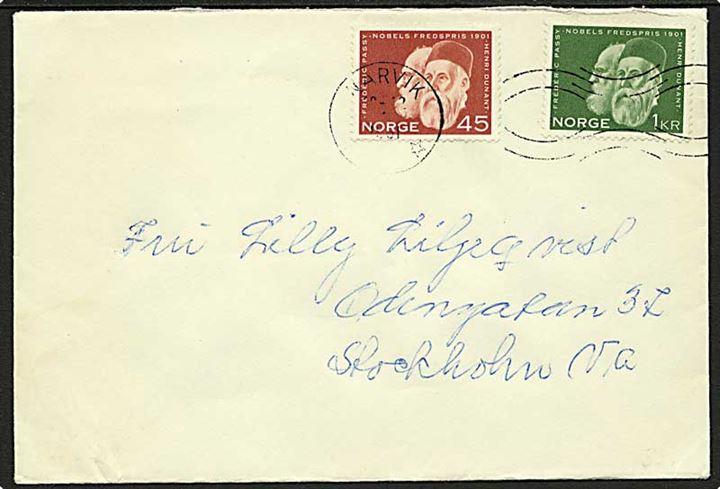 Komplet sæt Nobeldagen på brev fra Narvik d. 10.12.1961 til Stockholm, Sverige.