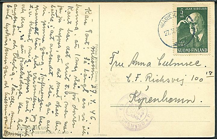5 mk. Sibelius på brevkort fra Mariehamn på Ålandsøerne d. 27.4.1946 til København, Danmark. Finsk censur.