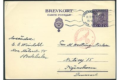 10 öre Gustaf helsagsbrevkort fra Stockholm d. 11.11.1944 til København, Danmark. Tysk Sønderborg-censur Zensurstelle k.