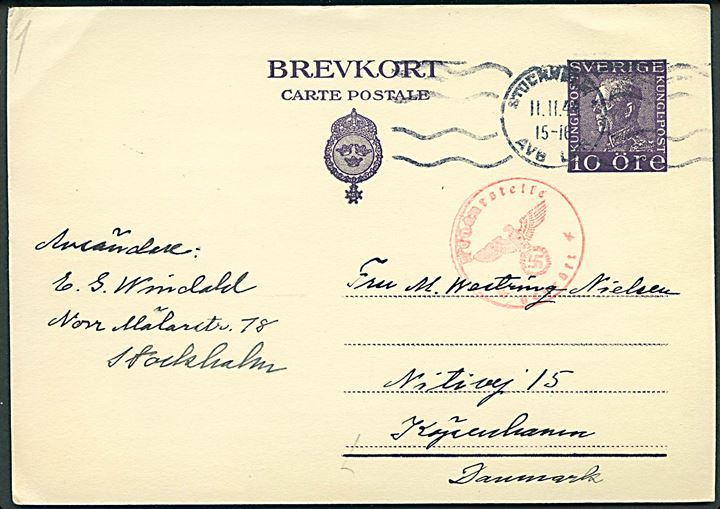 10 öre Gustaf helsagsbrevkort fra Stockholm d. 11.11.1944 til København, Danmark. Tysk Sønderborg-censur Zensurstelle k.