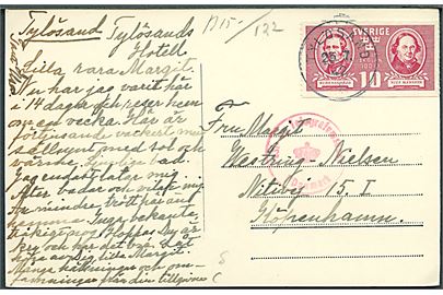 10 öre Folkskolan 100 år på brevkort fra Tylösand d. 25.7.1942 til København, Danmark. Dansk censur.