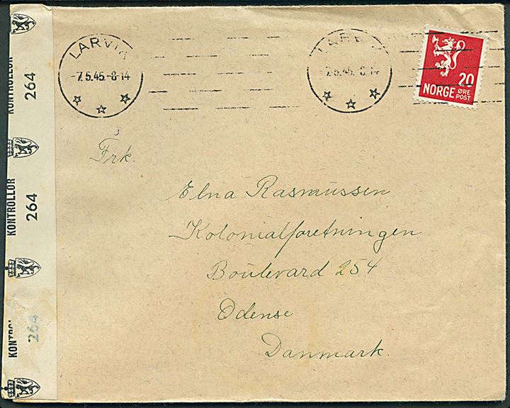 20 øre Løve på brev fra Larvik d. 7.5.1945 til Odense, Danmark. Åbnet af norsk efterkrigscensur no. 264. Stemplet inden den tyske kapitulation i Norge natten mellem d. 8. og 9. maj 1945.