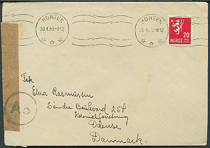 20 øre Løve på brev fra Horten d. 30.1.1945 til Odense, Danmark. Åbnet af tysk censur i Oslo med neutral banderole stemplet Ao.