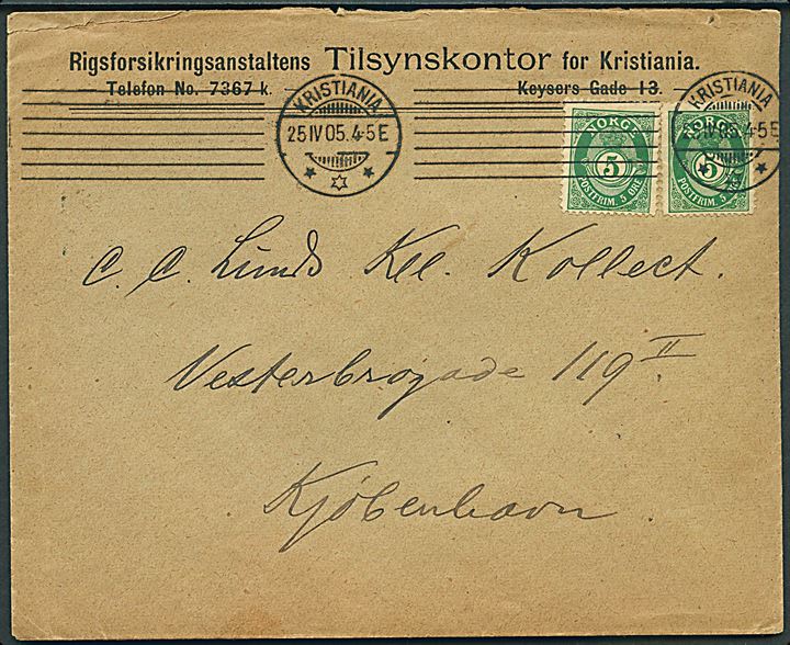 5 øre Posthorn (2) på brev fra Kristiania d. 25.4.1905 til København, Danmark.
