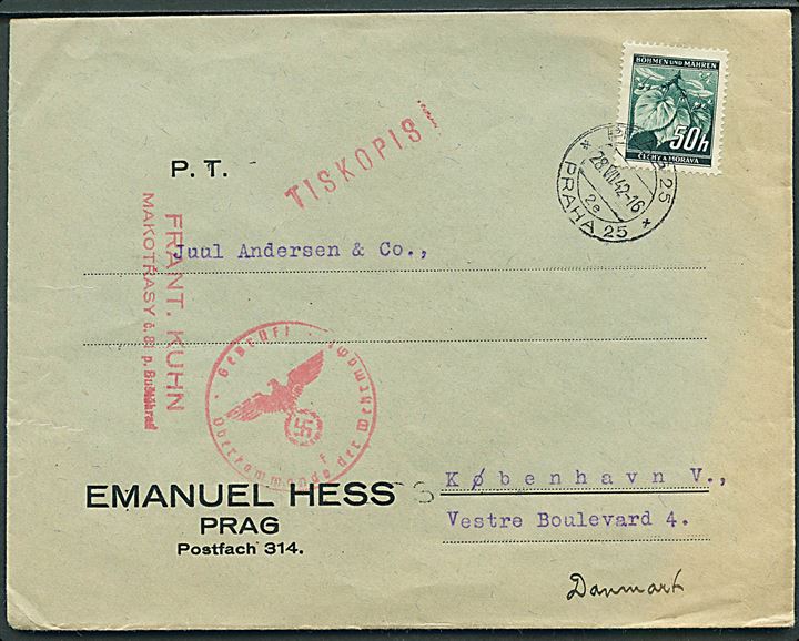 Böhmen-Mähren. 50 h. single på tryksag fra Prag d. 28.7.1942 til København, Danmark. Tysk censur fra Hamburg.