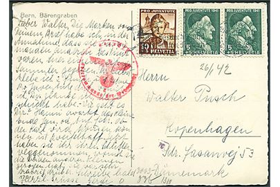 5+5 c. (par) og 10+5 c. Pro Juventute 1941 udg. på brevkort fra Bern d. 26.1.1942 til København, Danmark. Tysk censur fra Hamburg.