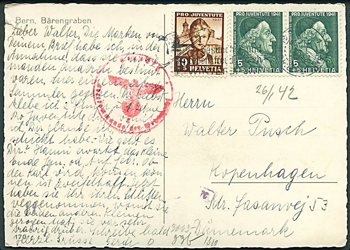 5+5 c. (par) og 10+5 c. Pro Juventute 1941 udg. på brevkort fra Bern d. 26.1.1942 til København, Danmark. Tysk censur fra Hamburg.