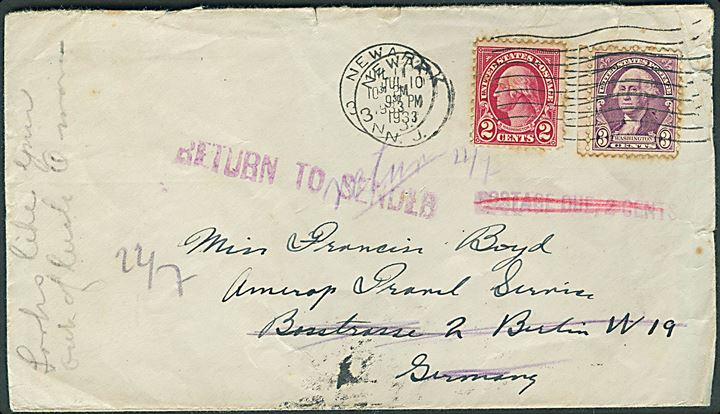 2 cents og 3 cents Washington på brev fra New Ark d. 10.6.1933 til Berlin, Tyskland. Oprindelig returneret da underfrankeret med 2 cents og siden returneret fra Tyskland med 2-sproget returetiket Unbekannt.