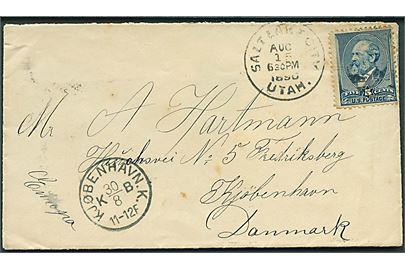 5 cents på brev fra Salt Lake City Utah. d. 15.8.1890 til Kjøbenhavn, Danmark. Ank.stemplet i Kjøbenhavn d. 30.8.1890.