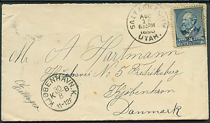 5 cents på brev fra Salt Lake City Utah. d. 15.8.1890 til Kjøbenhavn, Danmark. Ank.stemplet i Kjøbenhavn d. 30.8.1890.