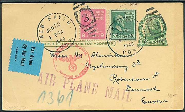 1 cent helsagsbrevkort opfrankeret med 9 cents og 20 cents sendt som luftpost fra New Haven d. 22.6.1940 til København, Danmark. Liniestempel Air Plane Mail. Tysk censur fra Berlin.