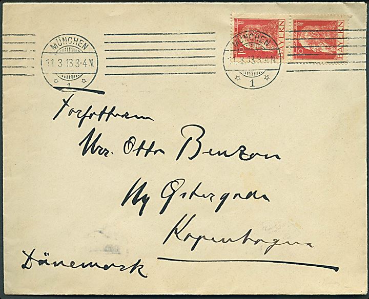 10 pfg. Luitpold I i parstykke på brev fra München d. 11.3.1913 til forfatteren Otto Benzon i København, Danmark. 