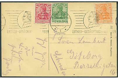10 pfg., 20 pfg. og 40 pfg. Germania på brevkort annulleret med særstempel Luther-Gedächtnisfeier 1921 i Erfurt d. 7.4.1921 til Göteborg, Sverige.
