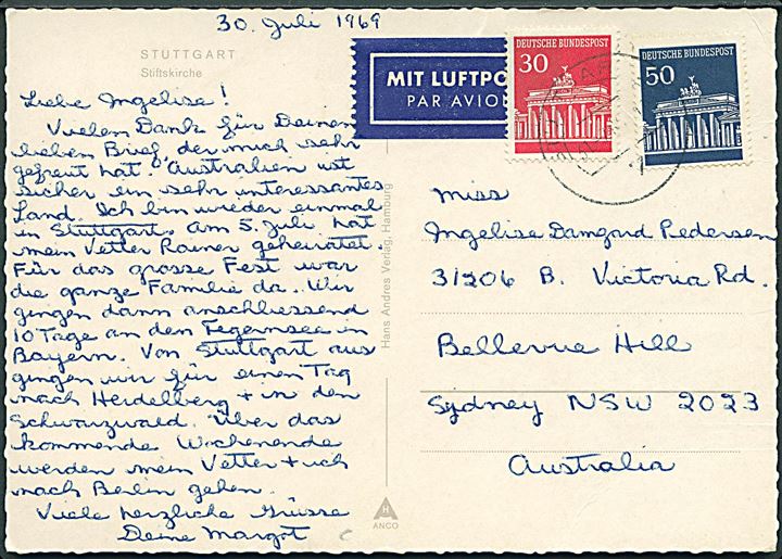 30 pfg. og 50 pfg. Brandenburger Tor på luftpost brevkort fra Stuttgart d. 30.7.1969 til Sydney, Australien.