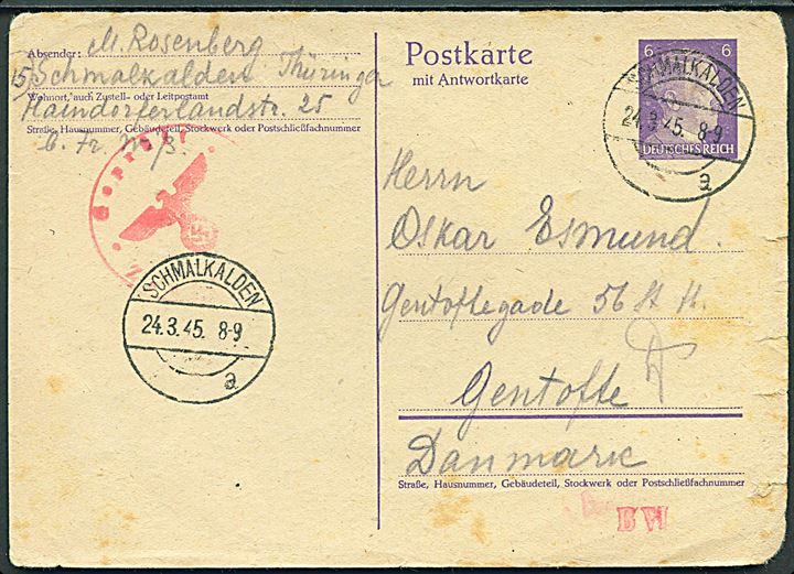 6 pfg. Hitler helsagsbrevkort fra Schmalkalden d. 24.3.1945 til Gentofte, Danmark. Tysk censur.