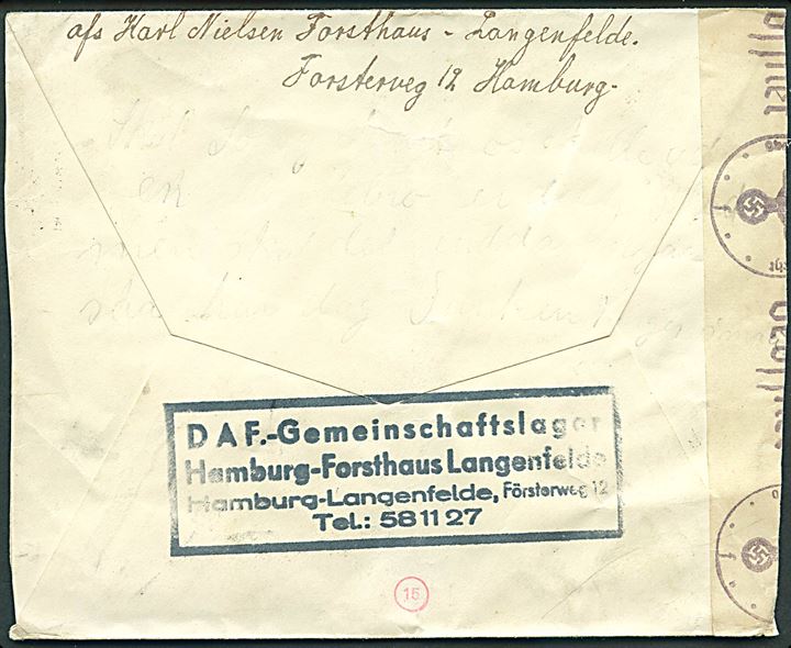 25 pfg. Hindenburg på brev fra Hamburg d. 20.3.1942 til Volk Mølle, Danmark. Fra dansk tysklandsarbejder med rammestempel DAF-Gemeinschaftslager Hamburg-Forsthaus Langenfeldte. Tysk censur fra Hamburg.