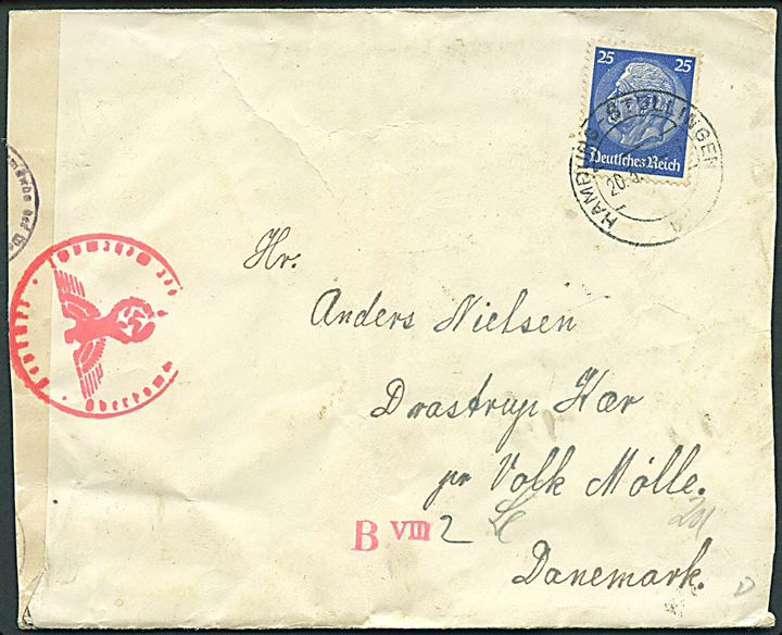 25 pfg. Hindenburg på brev fra Hamburg d. 20.3.1942 til Volk Mølle, Danmark. Fra dansk tysklandsarbejder med rammestempel DAF-Gemeinschaftslager Hamburg-Forsthaus Langenfeldte. Tysk censur fra Hamburg.