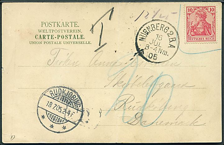 Tysk 10 pfg. Germania markeret ugyldig på brevkort fra Bayern stemplet Nürnberg d. 16.7.1905 til Rudkjøbing, Danmark. Udtakseret i 20 øre dansk porto. Lodret fold.