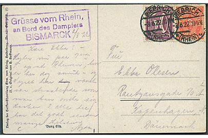 50 pfg. og 2 mk. Infla udg. på brevkort fra Biebrich d. 3.8.1922 med sidestempel Grüsse wom Rhein, an Bord des Dampfers BISMARCK til København, Danmark.