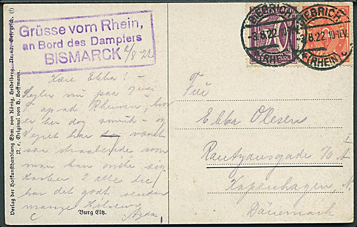 50 pfg. og 2 mk. Infla udg. på brevkort fra Biebrich d. 3.8.1922 med sidestempel Grüsse wom Rhein, an Bord des Dampfers BISMARCK til København, Danmark.