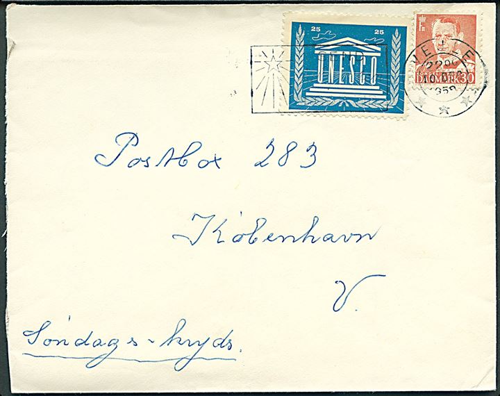 30 øre Fr. IX og UNESCO mærkat på brev fra Vejle d. 10.12.1959 til København.