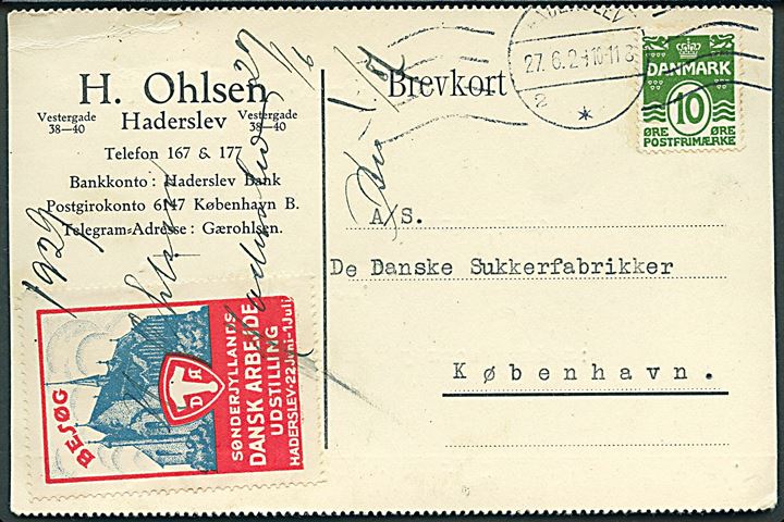 10 øre Bølgelinie på brevkort med mærkat for Dansk Arbejde Udstilling stemplet d. 27.6.1929 til København.