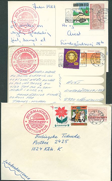 Julemandens Postkontor Helsingør stempler på 2 julekort og brev fra Helsingør 1981-1983.