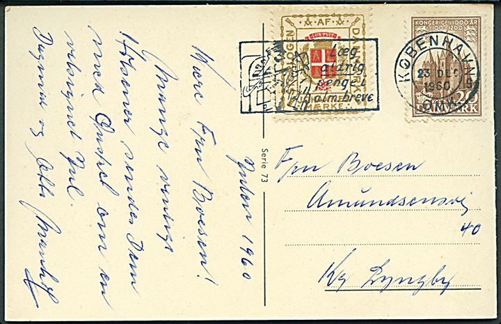 20 øre 1000 års udg. og Loge-mærke på brevkort fra København d. 23.12.1960 til Lyngby.