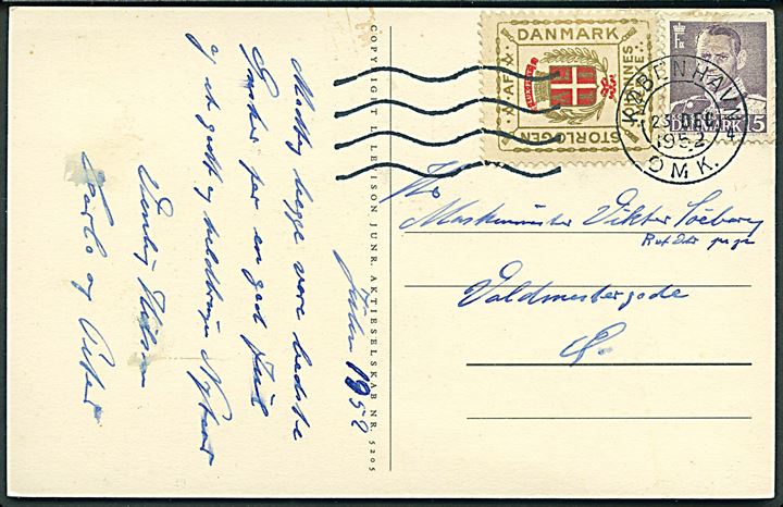 15 øre Fr. IX og Loge-mærke på lokalt brevkort i København d. 23.12.1952.