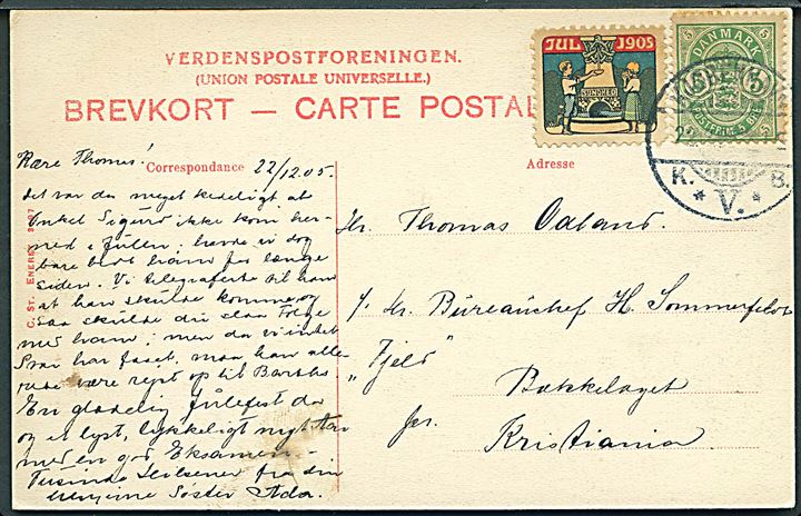 5 øre Våben og Julemærke 1905 på brevkort (Landbohøjskolen) fra Kjøbenhavn d. 22.12.1905 til Bekkelaget pr. Kristiania, Norge.